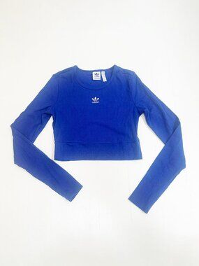 Adidas Blue Cropped Long Sleeve Top | Ribbed Athletic Tee | Size M